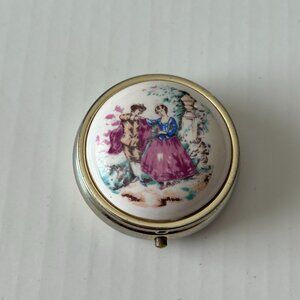 Vintage Metal Pill Box with Romantic Courting Couple on Porcelain Japan